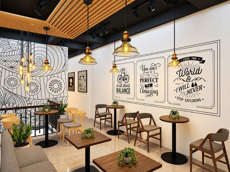Nội Thất Và Ánh Sáng Cho Quán Trà Sữa Cho Học Sinh Nhỏ Gọn